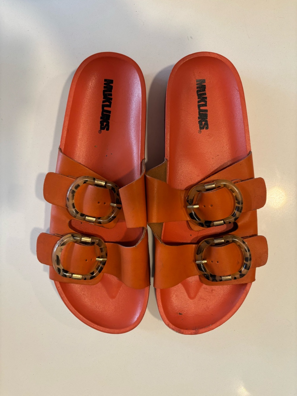 Muk Luks Orange Double-Buckle Slide Sandals with Tortoiseshell Buckles